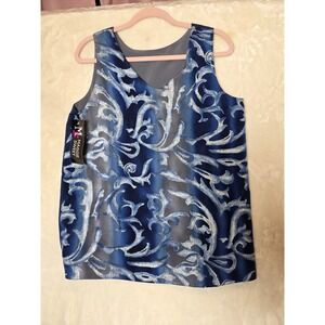 Maggie Sweet‎ Blue Grey Damask Scroll Sleeveless Shell Top Blouse Medium NWT USA